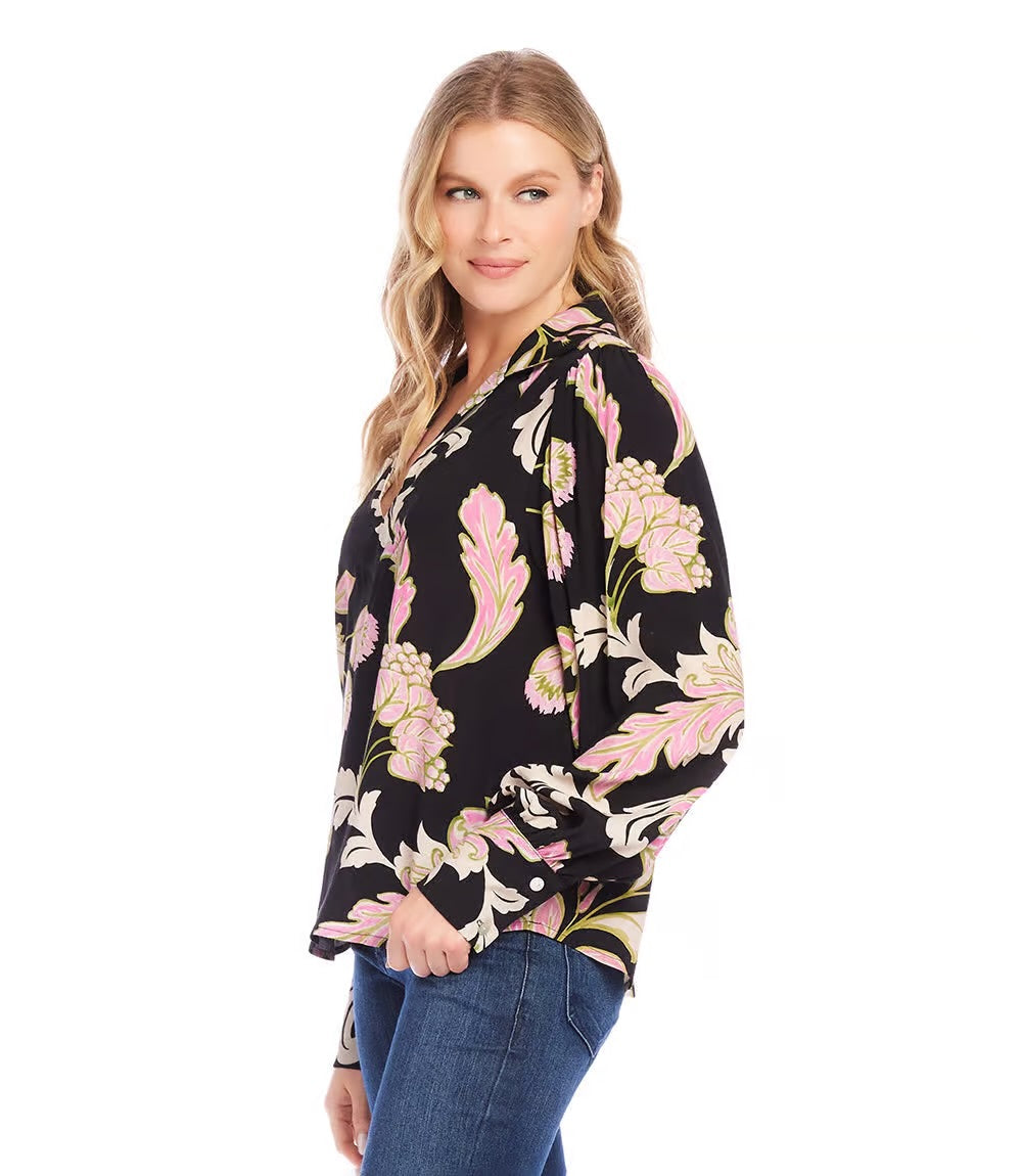 Blouson V Neck Top Floral Print