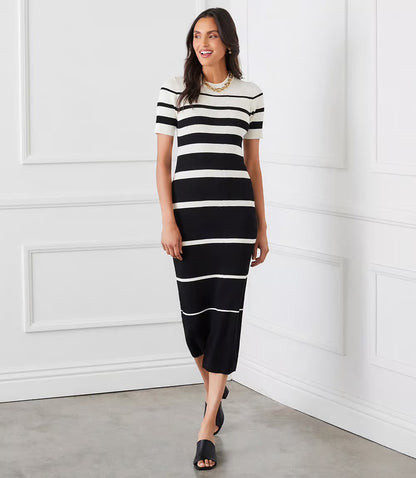 Stripe Ribbed Sweater Midi Dress