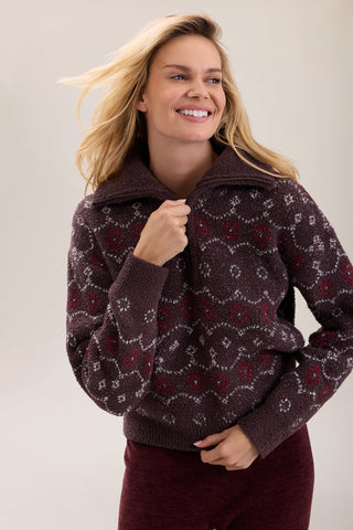 CozyChic Fairisle Half Zip Pullover Umber Multi