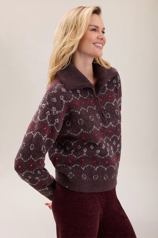 CozyChic Fairisle Half Zip Pullover Umber Multi