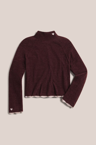 CozyChic Ultra Lite Scallop Contrast Heart Mock Neck Pullover Deep Garnet Petal