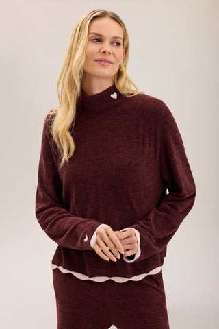 CozyChic Ultra Lite Scallop Contrast Heart Mock Neck Pullover Deep Garnet Petal