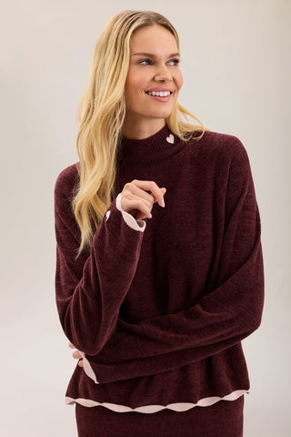 CozyChic Ultra Lite Scallop Contrast Heart Mock Neck Pullover Deep Garnet Petal