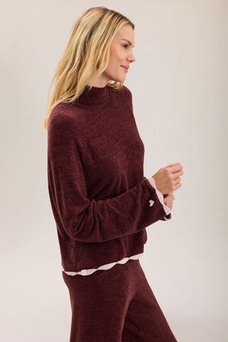 CozyChic Ultra Lite Scallop Contrast Heart Mock Neck Pullover Deep Garnet Petal