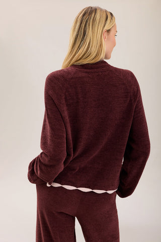 CozyChic Ultra Lite Scallop Contrast Heart Mock Neck Pullover Deep Garnet Petal
