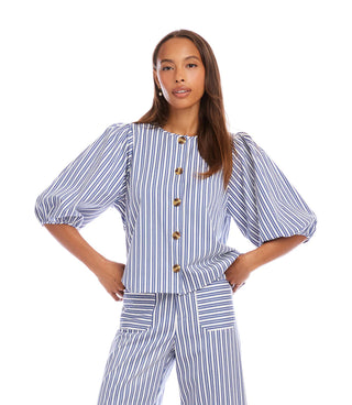 Stripe Puff Sleeve Button Front Top Blue With Off White