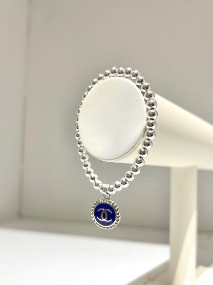 Chanel Sterling Silver Navy Beaded Bracelet