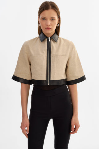 Caprice Short Sleeve Linen Jacket Black Beige