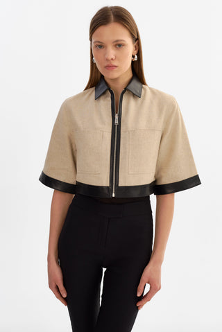 Caprice Short Sleeve Linen Jacket Black Beige