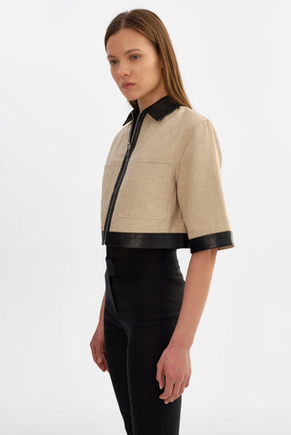 Caprice Short Sleeve Linen Jacket Black Beige