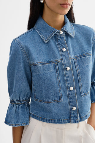 Carolina Denim Ruffle Sleeve Jacket Mid Wash Blue