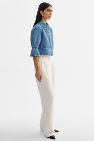 Carolina Denim Ruffle Sleeve Jacket Mid Wash Blue