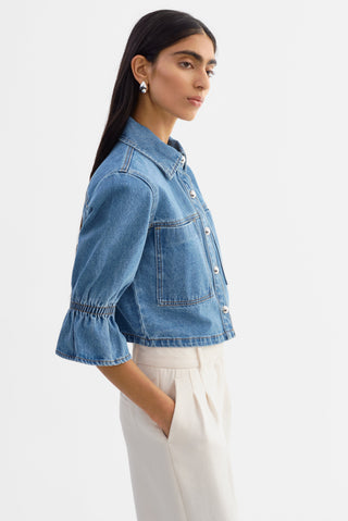 Carolina Denim Ruffle Sleeve Jacket Mid Wash Blue