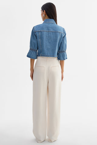 Carolina Denim Ruffle Sleeve Jacket Mid Wash Blue