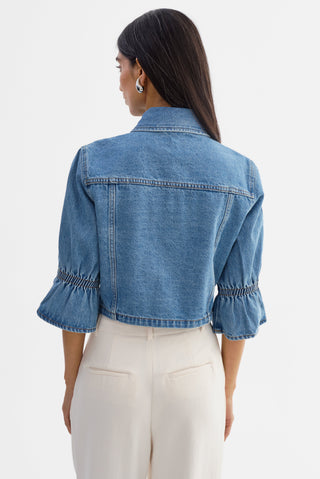 Carolina Denim Ruffle Sleeve Jacket Mid Wash Blue