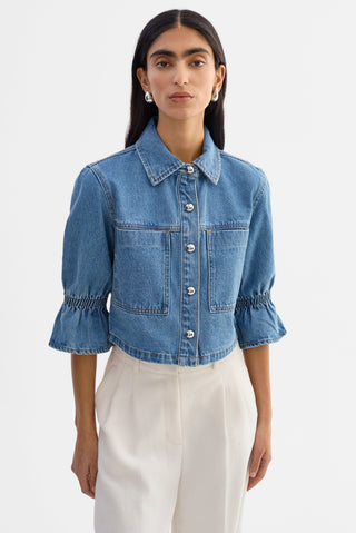 Carolina Denim Ruffle Sleeve Jacket Mid Wash Blue