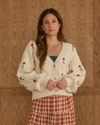 Boxy Crop Cardigan Winter Daisy Embroidery