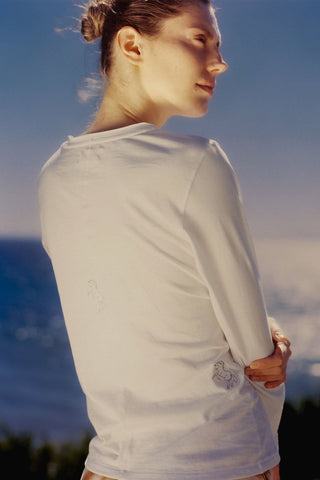 Embroidered Cotton T-Shirt Long Sleeve Horse White