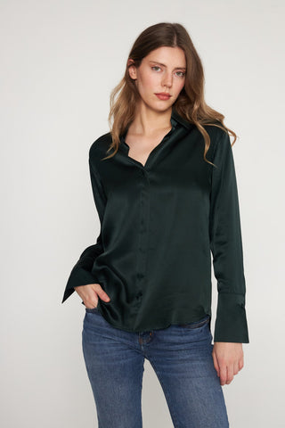 Daria French Cuff Silk Blouse Forrest Green