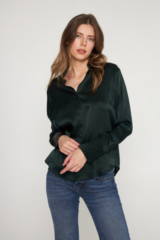 Daria French Cuff Silk Blouse Forrest Green