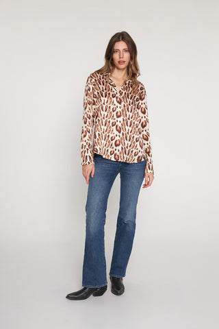 Daria French Cuff Silk Blouse Oat Leopard