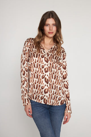 Daria French Cuff Silk Blouse Oat Leopard