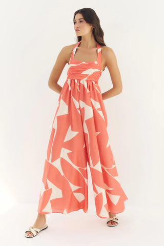 Nara Jumpsuit Ivory/Coral Cut Out Block Geo