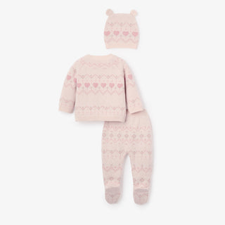 Heart Fairisle 3pc Pullover and Footie Pants and Hat Set Pink/Rose
