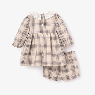 Neutral Plaid Dress W/Eyelet Lace Collar and Bloomers