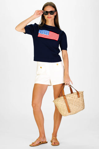 Puff Sleeve Flag Sweater Navy With Flag