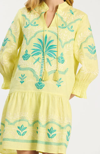 Nikki Linen Embroidered Dress Sunny Lime