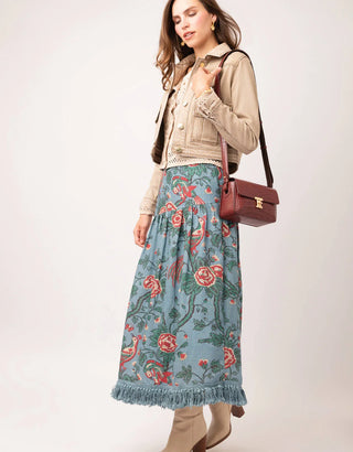 Yalena Midi Skirt Japonica Bird Blue Spruce