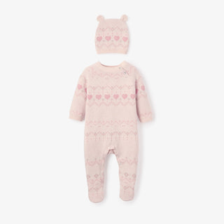 Heart Fairisle 2pc Jumpsuit and Hat Set Pink/Rose