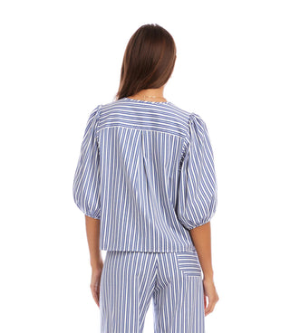 Stripe Puff Sleeve Button Front Top Blue With Off White