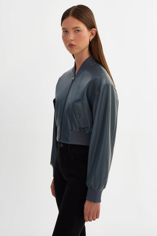 Evelin Faux Leather Cropped Bomber Jacket Graphite