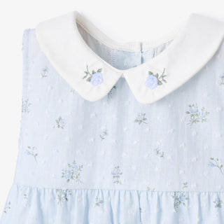 Blue English Rose Embroidered Collar Bubble Swiss Dot