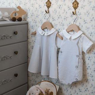 Blue Seersucker Overall Bubble + Collard Shirt