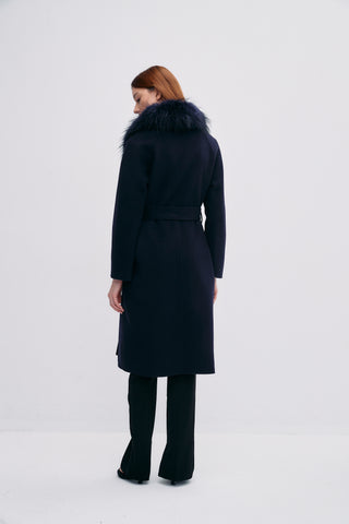 Fur Shawl Collar Cashmere Coat Navy