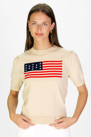 Puff Sleeve Flag Sweater Tan With Flag