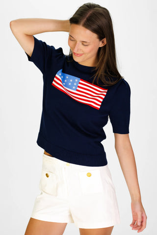 Puff Sleeve Flag Sweater Navy With Flag