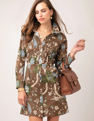 Dixie Smocked Shirt Dress Japonica Bird Brown