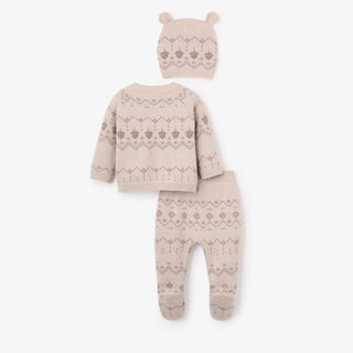 Acorn Fairisle 3 pc Pullover and Footie Pants and Hat Set Taupe