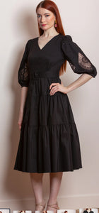 Hannah V-Neck Cotton Dress W/Lace Sleeves Black