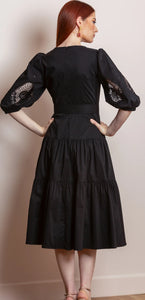 Hannah V-Neck Cotton Dress W/Lace Sleeves Black