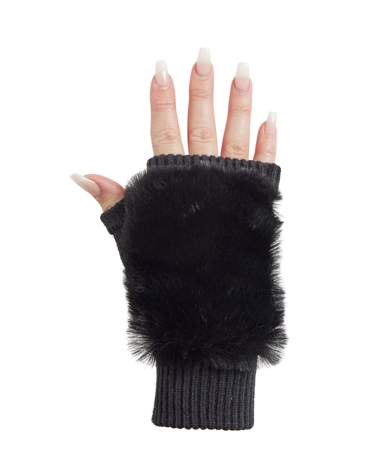 Fab Fur Knit Fingerless Gloves Black