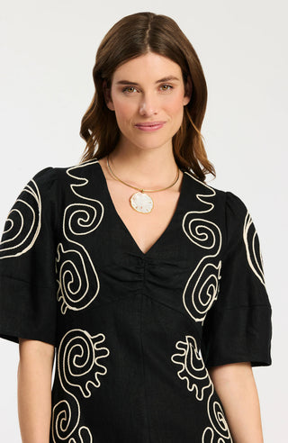 Posey Linen Embroidered Midi Dress Black & White