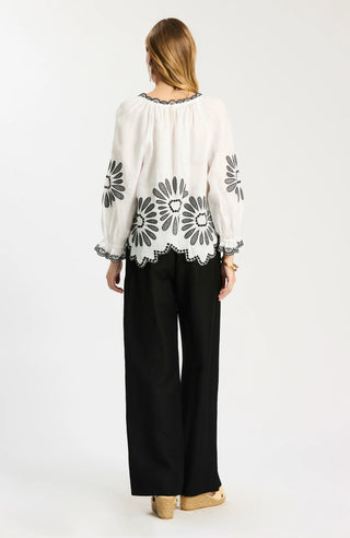 Kelsey Linen Embroidered Top Black & White