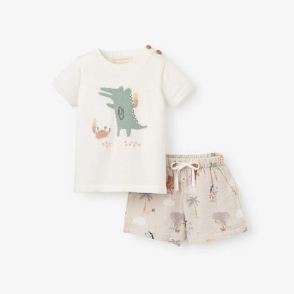 Elegant Baby Alligtor Knit Pullover & Seaside Safari Organic Muslin Short Set