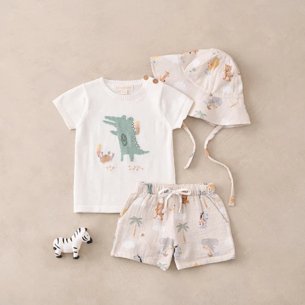 Elegant Baby Alligtor Knit Pullover & Seaside Safari Organic Muslin Short Set