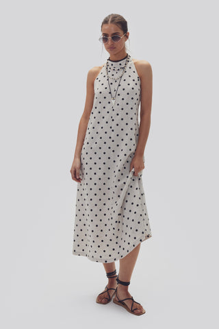 Olivia Linen Dress Natural and Black Polka Dots